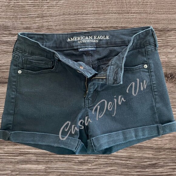 American Eagle Next Level Stretch Dark Wash Denim Fringe Cut-off Shorts - Picture 3 of 7